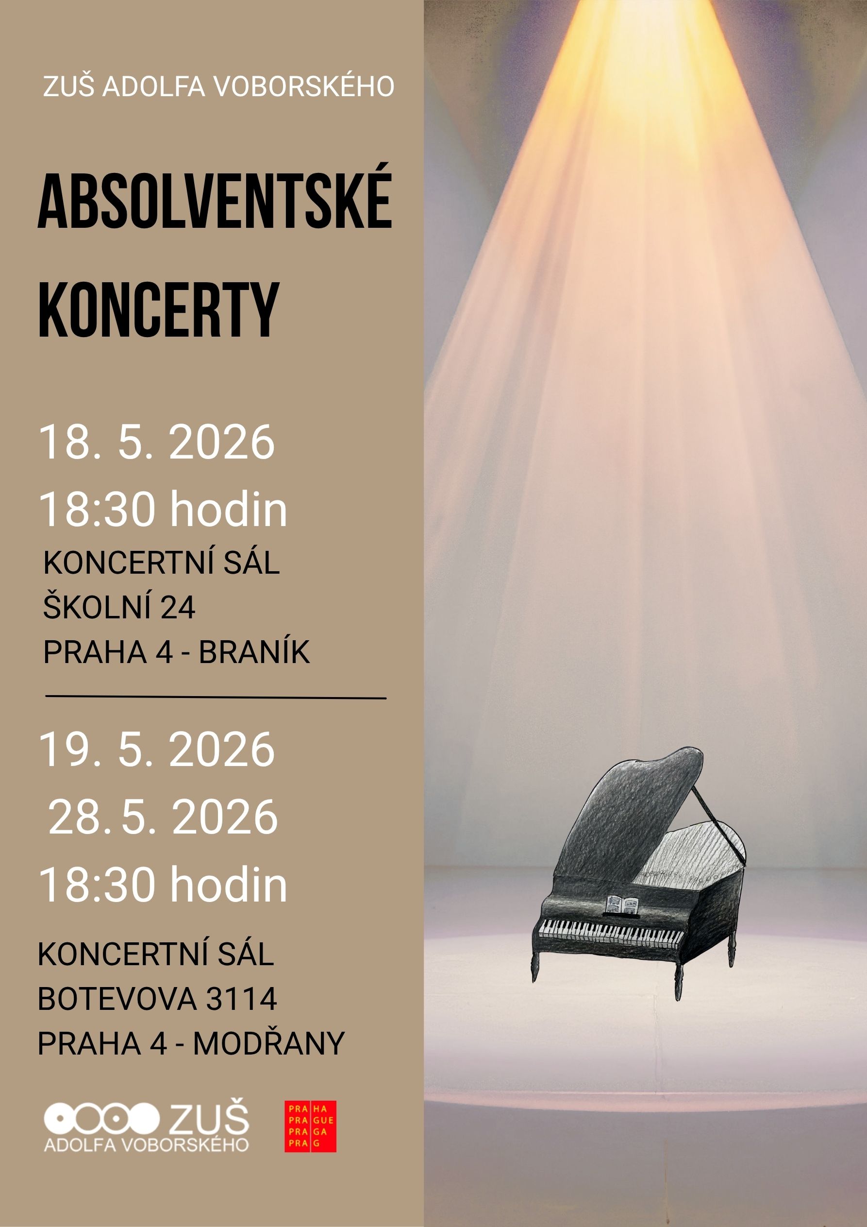 Absolventské koncerty - 18. 5. 2026 - Braník, 19. a 28. 5. - Botevova